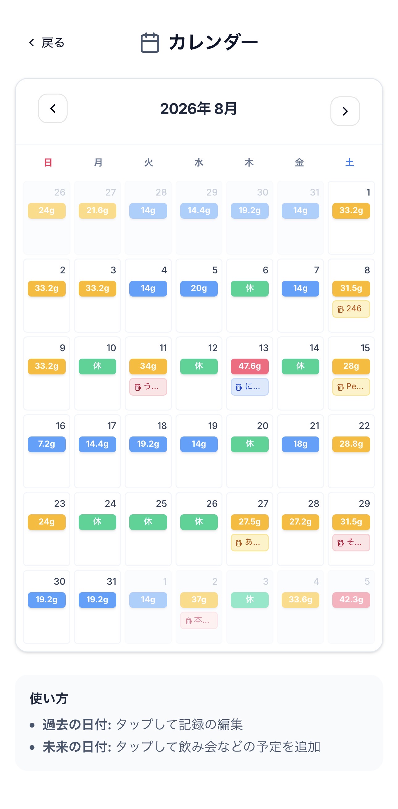 LifeXpのカレンダー画面。休肝日が緑、飲酒量に応じて青・黄・赤で表示される